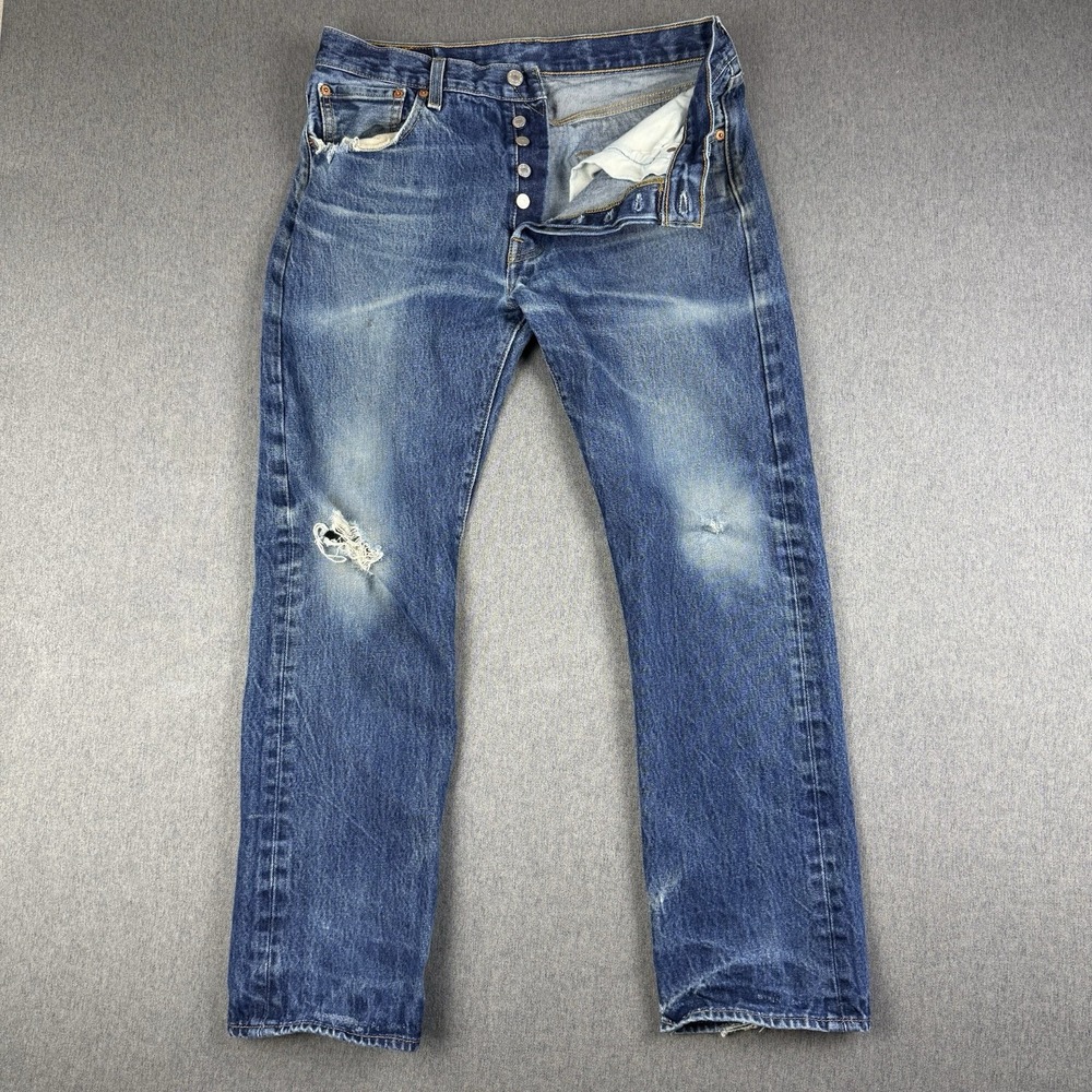 Levis 501 Jeans Mens 32x30* Blue Denim Distressed Button Fly Cotton Faded